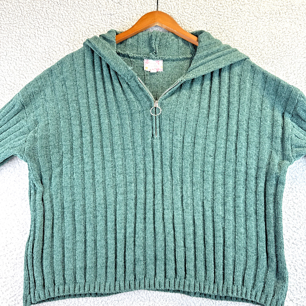 Womens Hooded Sweater XL Green Pink Republic Cropped Soft Thick Ribbed 1/4 zip